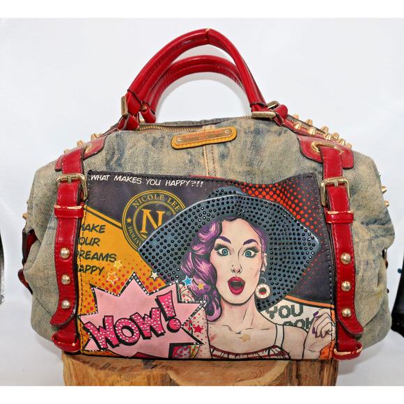 "WOW" Denim Pop Art Denim Duffel Shoulder Bag - Nicole Lee - Punk Grunge Graphic - Picture 1 of 14